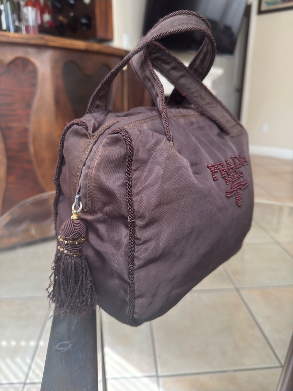 Prada Mini Nylon Satchel in Deep Brown with Beaded Logo - Picture 3 of 14
